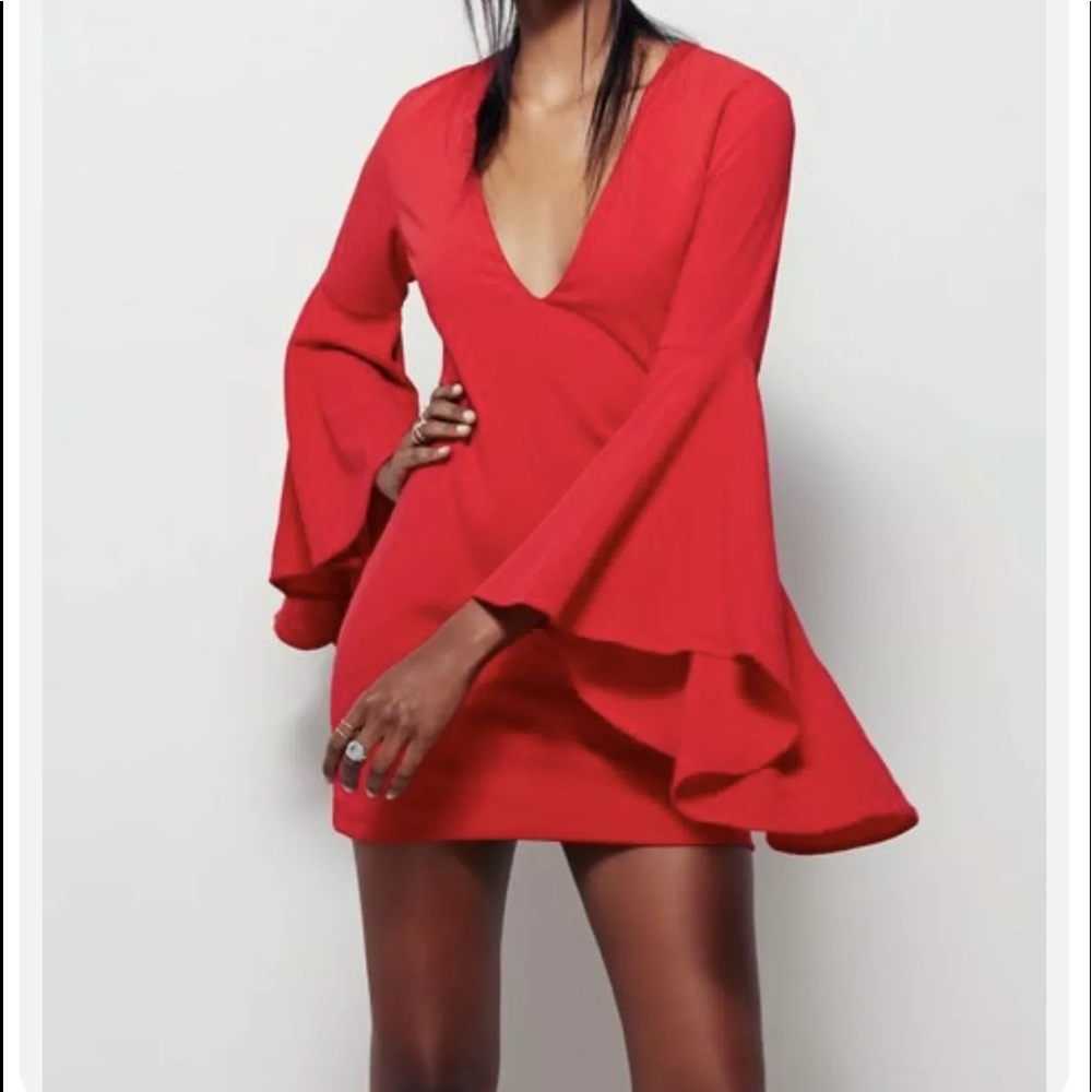 Free People Backstage Red Farrah Dress Bell Sleeves Deep V Neckline Lined